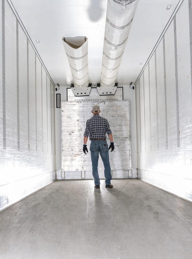 Worker Standing Inside a Refrigerated Truck Trailer Inspecting the Interior Worker Standing Inside a Refrigerated Truck Trailer Inspecting the Interior